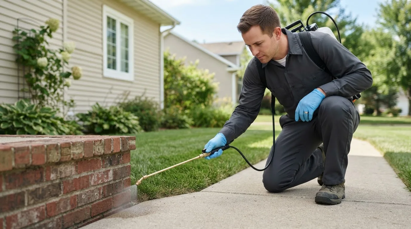 Pest control technician treating a home near Harwich Port, MA